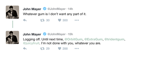 Illustration for article titled Uh Oh: Did John Mayer Forget What Chewing Gum Was Partway Through His Twitter Rant Against It?